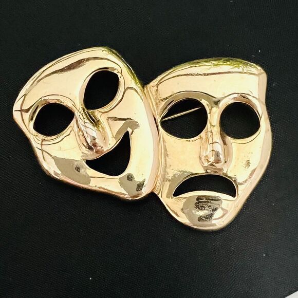 Vintage Comedy Tragedy Theater Face Mask Shiny Gold Tone Pin Drama Brooch 4326 - Picture 5 of 9